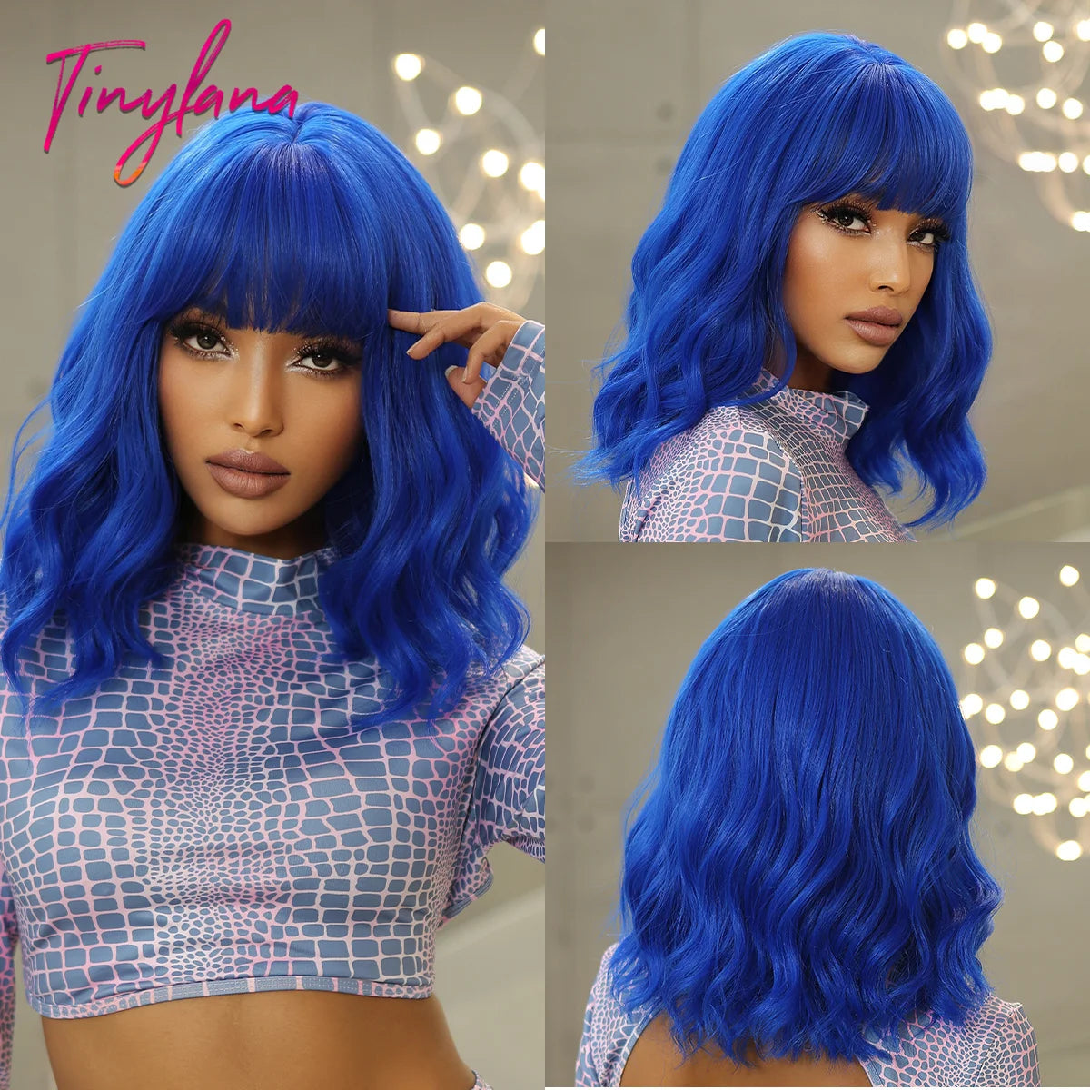 Bob Blue Curly Wavy Wigs with Bangs Short Colorful Cosplay Wigs for Women Afro Halloween DaiIy Natural Heat Resistant Fake Hair