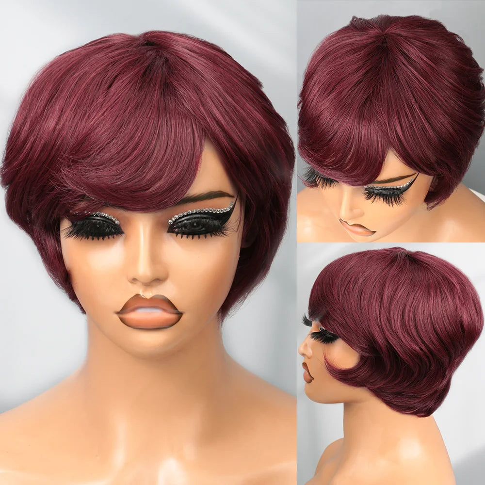 Burgundy Pixie Cut Wig Human Hair Wigs Human Hair Wig with Bangs Natural Short 99J Wig Layered Wavy Different Style Short Wigs
