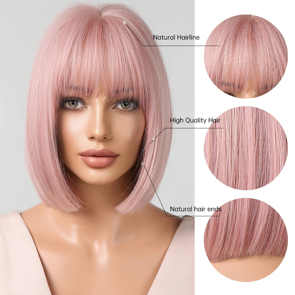 LOUIS FERRE Straight Pink Synthetic Wig for Women Short Bob Wig With Bangs Natural Hair Lolita Cosplay Heat Resistant Fashion