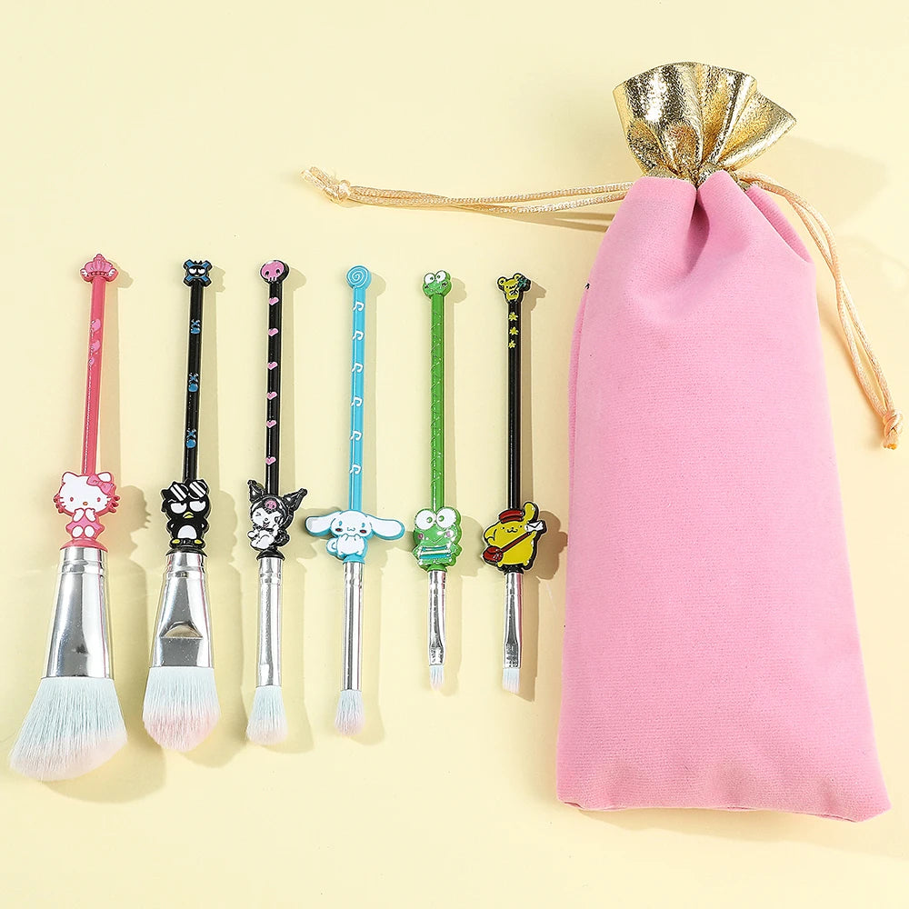 6Pcs Hello Kitty Makeup Brushes Kits Kawaii Sanrios Kuromi Powder Blending Blush Concealer Eyebrow Brush With Velvet Bag