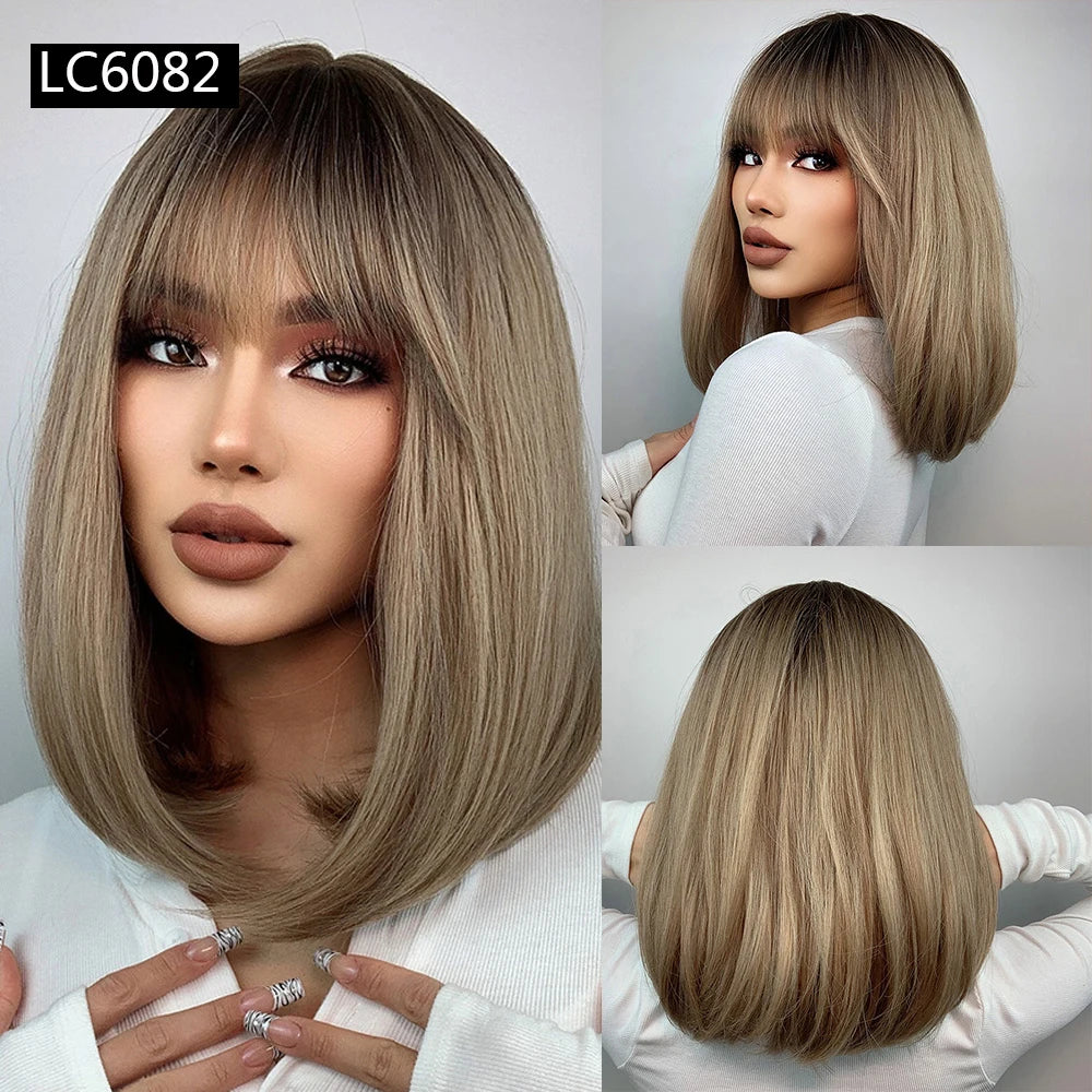 ELEMENT Synthetic Short Straight Wig Black Ombre Blonde Bob Wigs with Bangs for Women Cosplay Party Daily Hair Headband