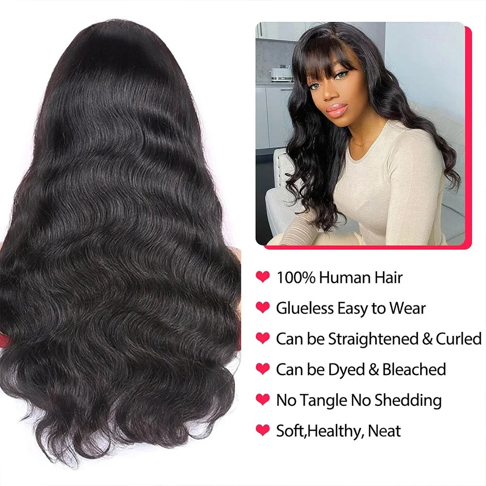 30 Inch Body Wave Human Hair Wigs With Bangs Full Machine Made Scalp Wig For Women Brazilian Remy Hair Fringe Bangs Wig 30 Inch