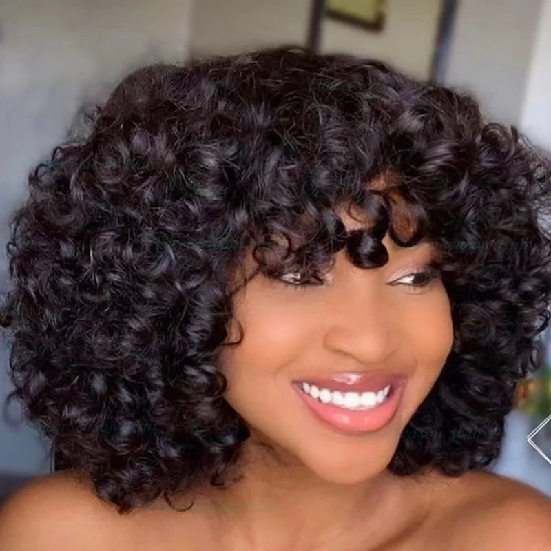 Ready to Wear Funmi Curly Full Machine Made Short Bob Wig with Bangs Glueless Loose Curly Vietnamese Human Hair Wigs for Women