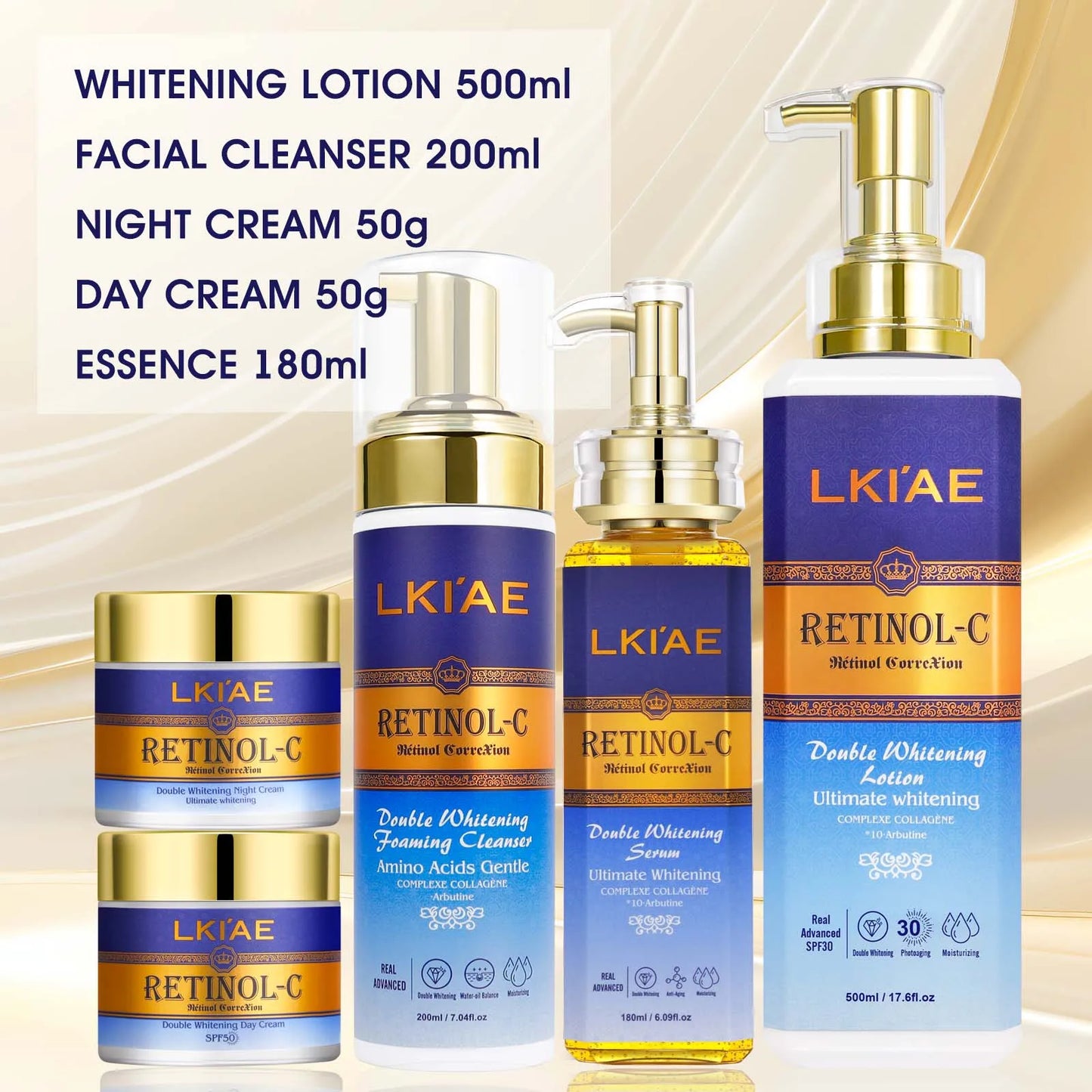 LKIAE Retinol Whitening Skin Care Set, Moisturizing, Reduce Wrinkles, Fine Lines, Dark Spots, With Collagen, Snail Extract