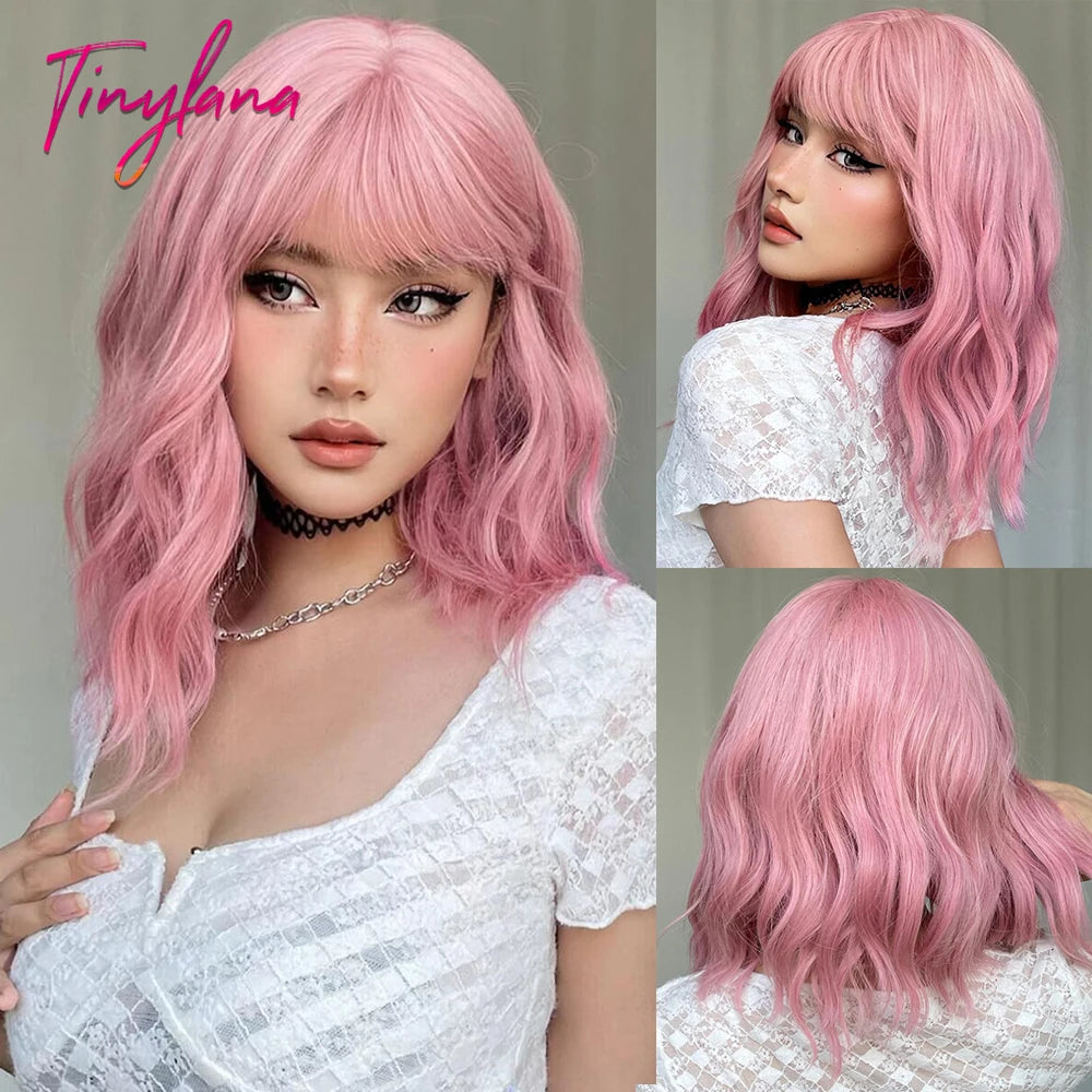 Bob Blue Curly Wavy Wigs with Bangs Short Colorful Cosplay Wigs for Women Afro Halloween DaiIy Natural Heat Resistant Fake Hair