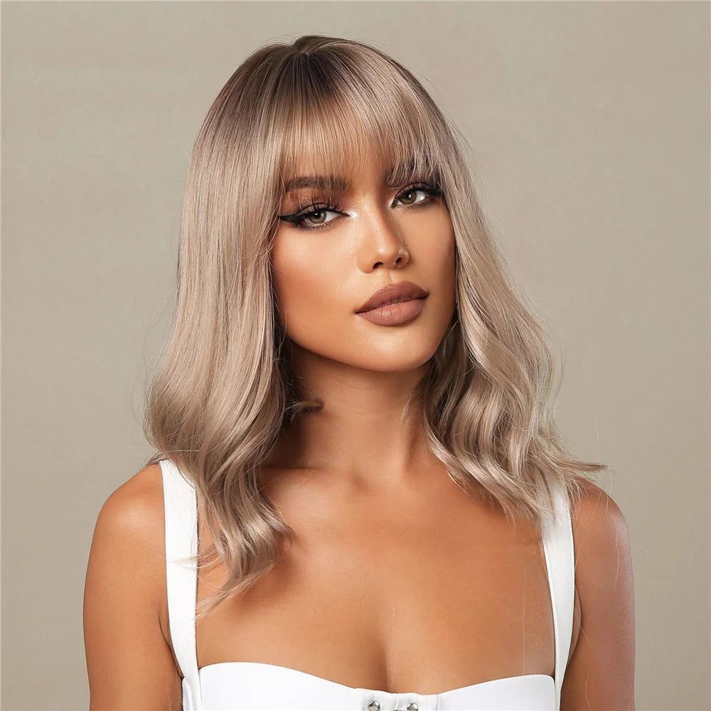 Rose Blonde Brown Short Bob Synthetic Wigs with Bangs Ash Blonde Natural Loose Wave Wig for Women Cosplay Heat Resistant Hair