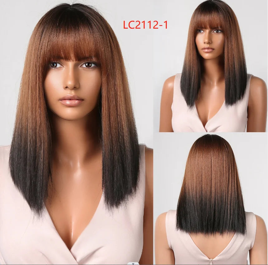 LOUIS FERRE Short Straight Synthetic Wigs for Women Brown Bob Wigs with Bangs Daily Cosplay Medium Length Heat Resistant Hair