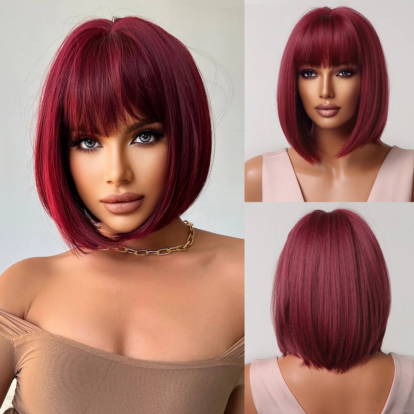 LOUIS FERRE Short Light Pink Bob Wigs With Bangs Natural Synthetic Wigs for Women Daily Cosplay Hair Heat Resistant Fibre Wig