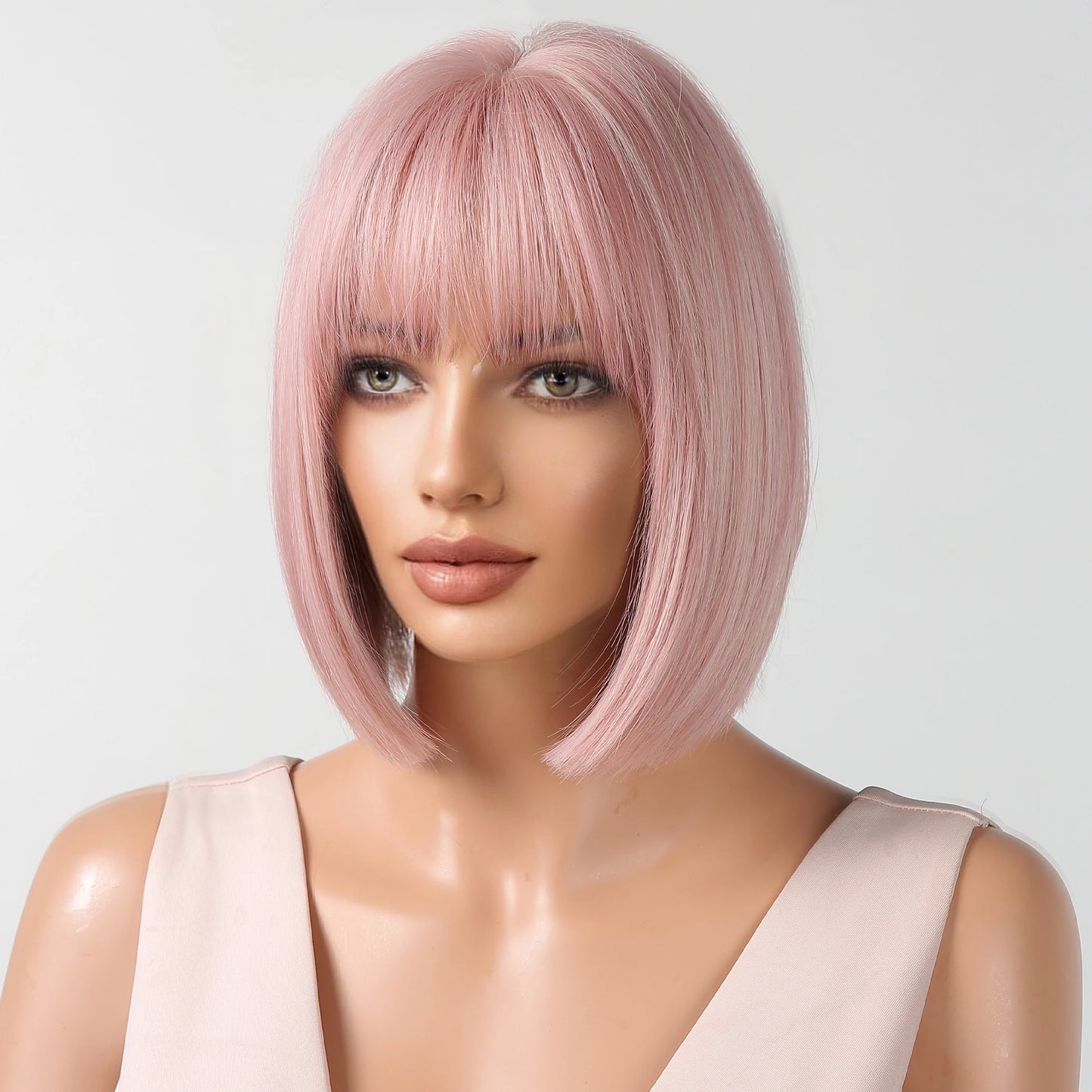 LOUIS FERRE Straight Pink Synthetic Wig for Women Short Bob Wig With Bangs Natural Hair Lolita Cosplay Heat Resistant Fashion