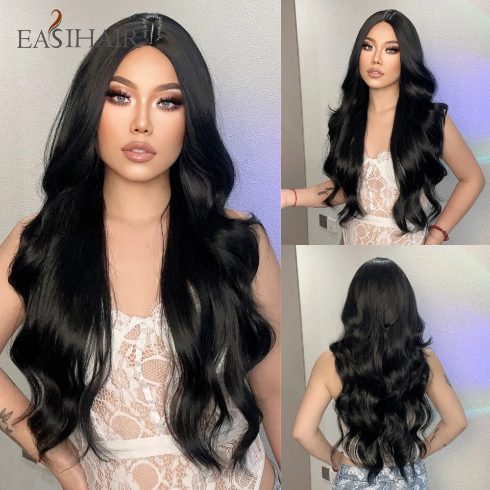 Dark Brown Synthetic Wigs with Bangs Long Curly Wavy Brown Wigs with Blonde Highlights for Afro Women Daily Party Heat Resistant