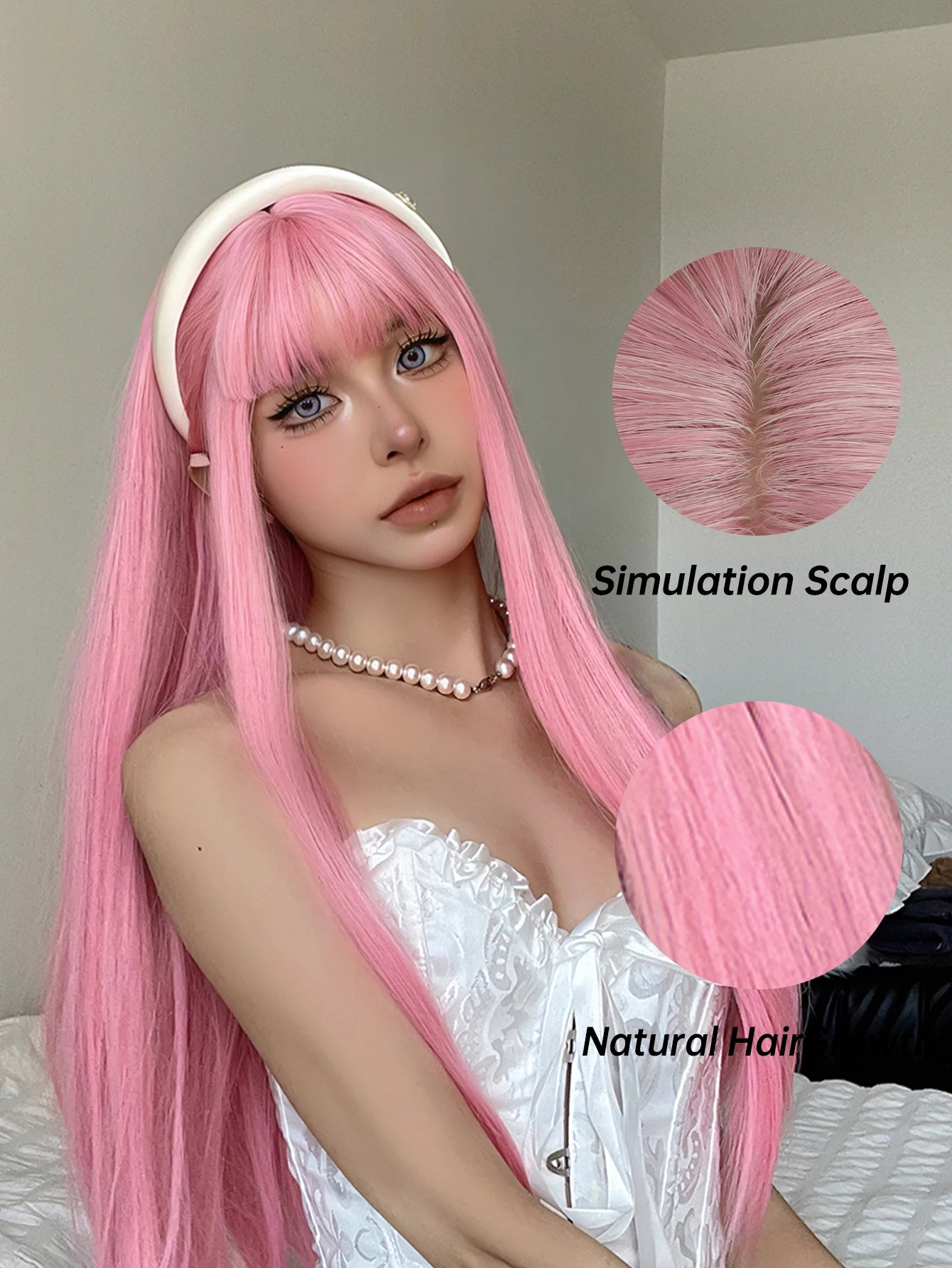 Light Pink Cosplay Long Straight Synthetic Wigs with Bangs Halloween Lolita Colorful Wig for Women Afro Natural Heat Resistant