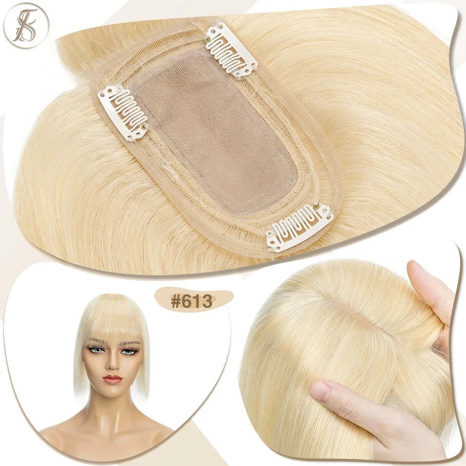 TESS Women Topper 7x12.5cm Hair Toppers With Bangs Hair Clips Natural Hair Wigs 100% Human Hair Silk Base Clip In Hair Extension