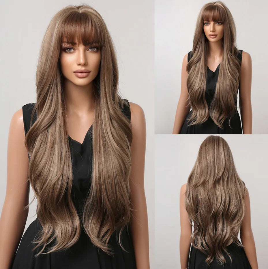ALAN EATON Ombre Blonde Brown Wave Synthetic Wig Long Natural Looking Hair Wigs with Bangs for Women Daily Heat Resistant Fiber
