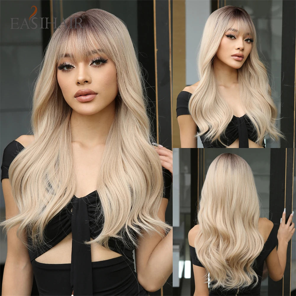 Ombre Light Brown Wigs with Bangs Blonde Highlight Long Curly Wavy Synthetic Wigs for Women Daily Cosplay Party Heat Resistant