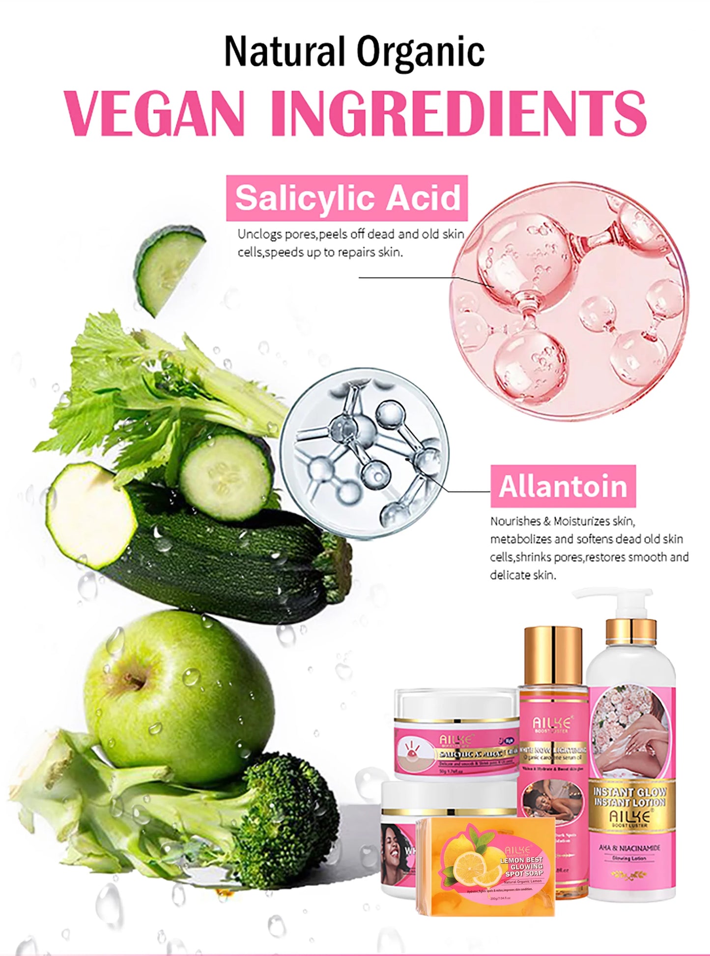 AILKE Natural Skin Cleansing Set, Cleanses Darkness, Stains, Moisturizes, Lightening, Smooth, Improve Rough and Dry Skin