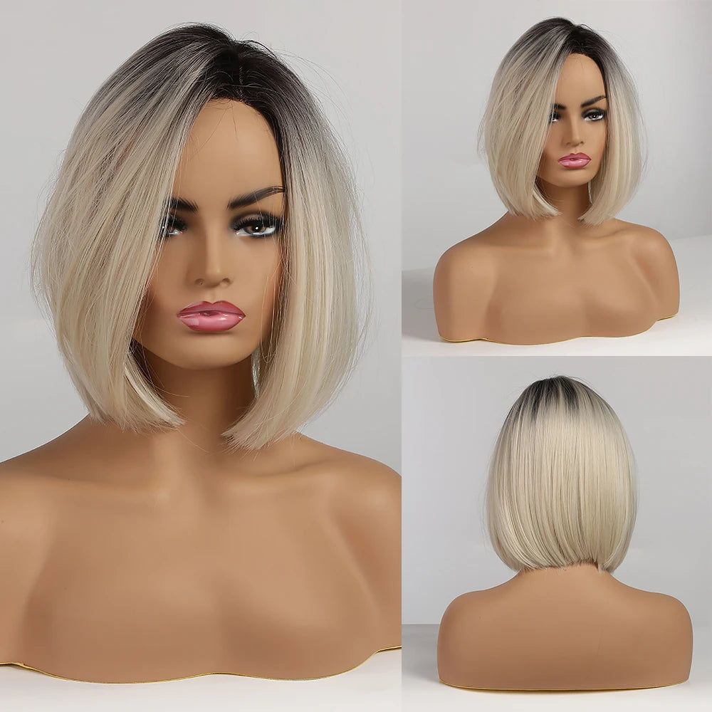 LOUIS FERRE Blonde Short Bob Wigs with Bangs Heat Resistant Synthetic Daily Cosplay Ombre Blonde Hair Wigs for White/Black Women