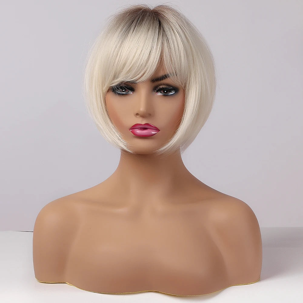ALAN EATON Short Straight Ombre Brown Blonde Bob Wig With Bangs Synthetic Hair Wig for Women Cosplay Lolita Heat Resistant Fiber