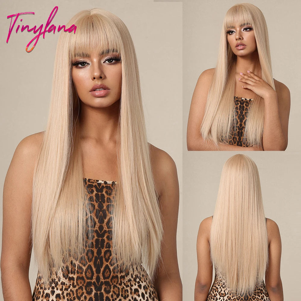 Ombre Gray Brown Synthetic Wigs Long Straight Ash Cosplay Wig with Bangs for Women Afro Natural Party Daily Heat Resistant Hair