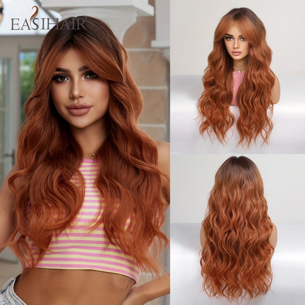 Ombre Light Brown Wigs with Bangs Blonde Highlight Long Curly Wavy Synthetic Wigs for Women Daily Cosplay Party Heat Resistant