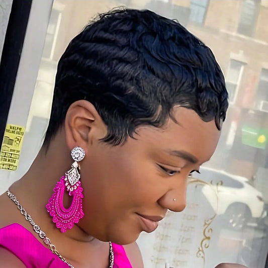 Short Pixie Cut Straight Human Hair Wig Machine Made with Pre-Styled Bangs Tangle-Free Natural Hairline for Women