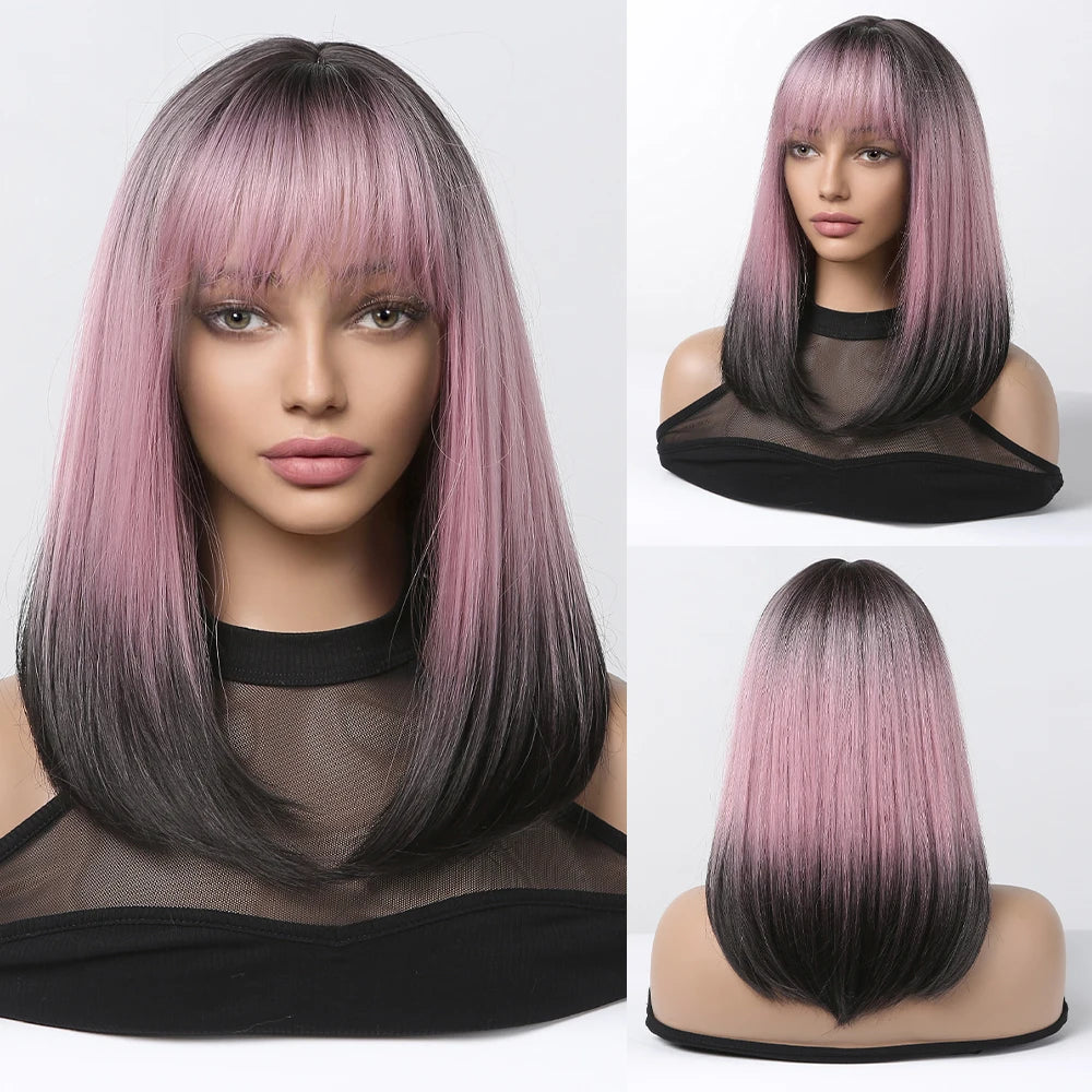 HENRY MARGU Brown Short Bob Straight Wigs with Pink Highlight Women Brown Daily Wig Synthetic Hair Wig with Bangs Heat Resistant