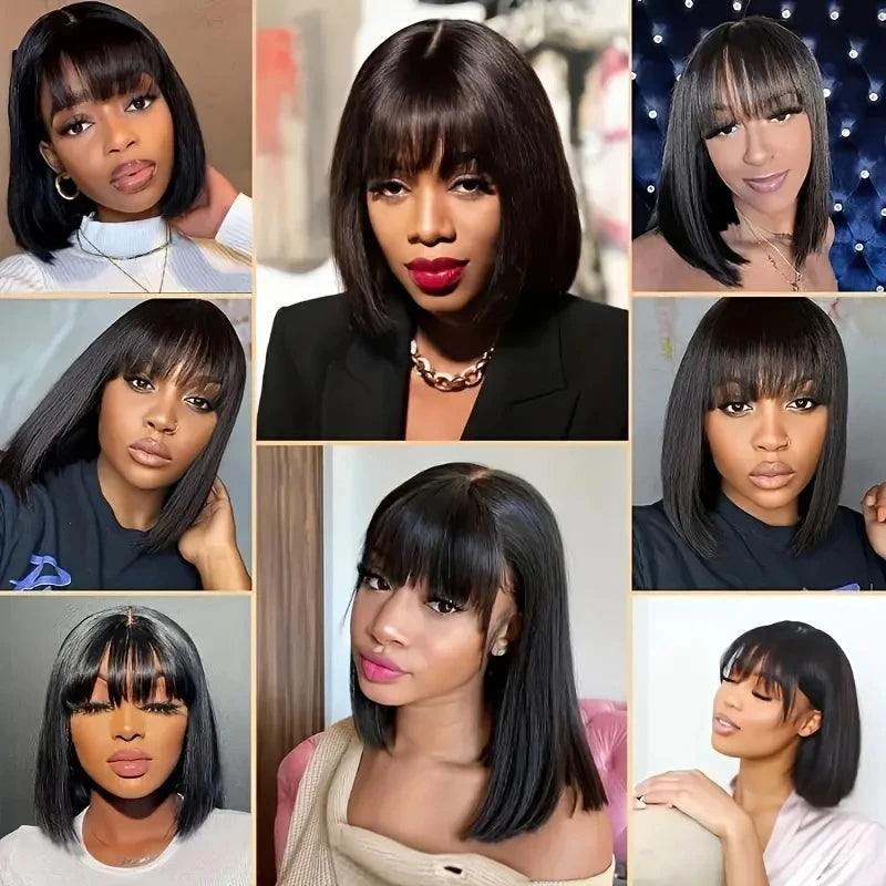 3X1 Straight Bob Wig With Bangs Full Fringe Machine Made Glueless Ready-to-Wear 30 Inch Brazilian Wig Human Hair Wig For Women
