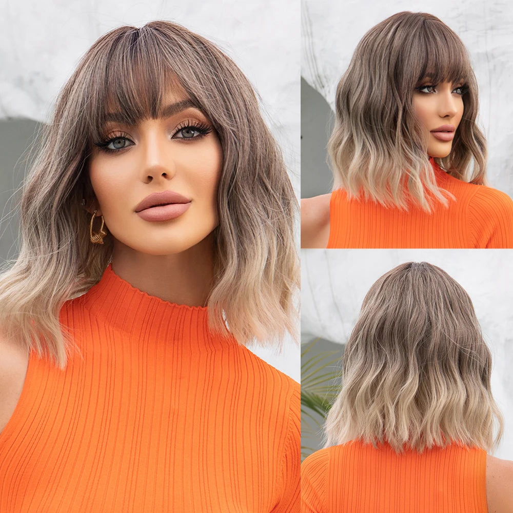 Gray Purple Pink Short Bob Synthetic Wigs with Bangs Curly Cosplay Ombre Wig for Women Afro Natural Wave Heat Resistant Hair