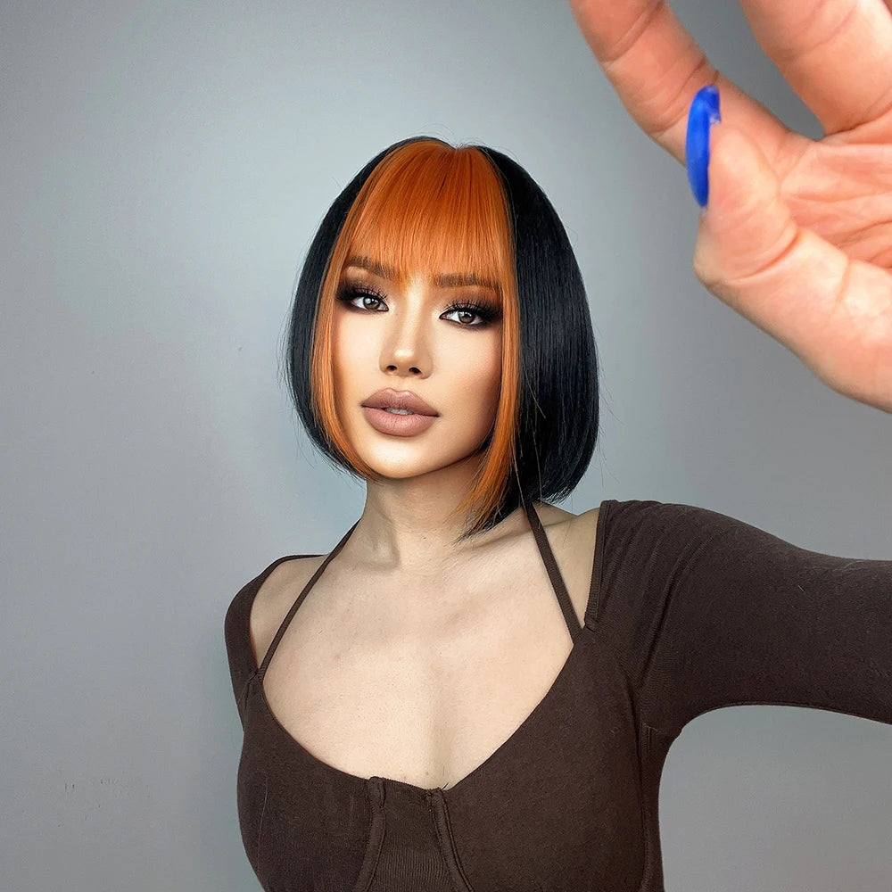 Short Straight Synthetic Wigs Black Mixed Ginger Orange Wigs for Women Natural Hair With Bangs Heat Resistant Daily Cosplay Wigs