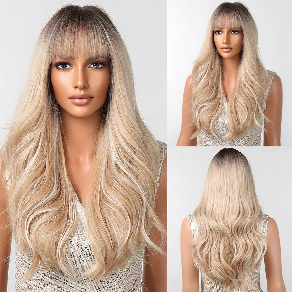 ALAN EATON Ombre Blonde Brown Wave Synthetic Wig Long Natural Looking Hair Wigs with Bangs for Women Daily Heat Resistant Fiber