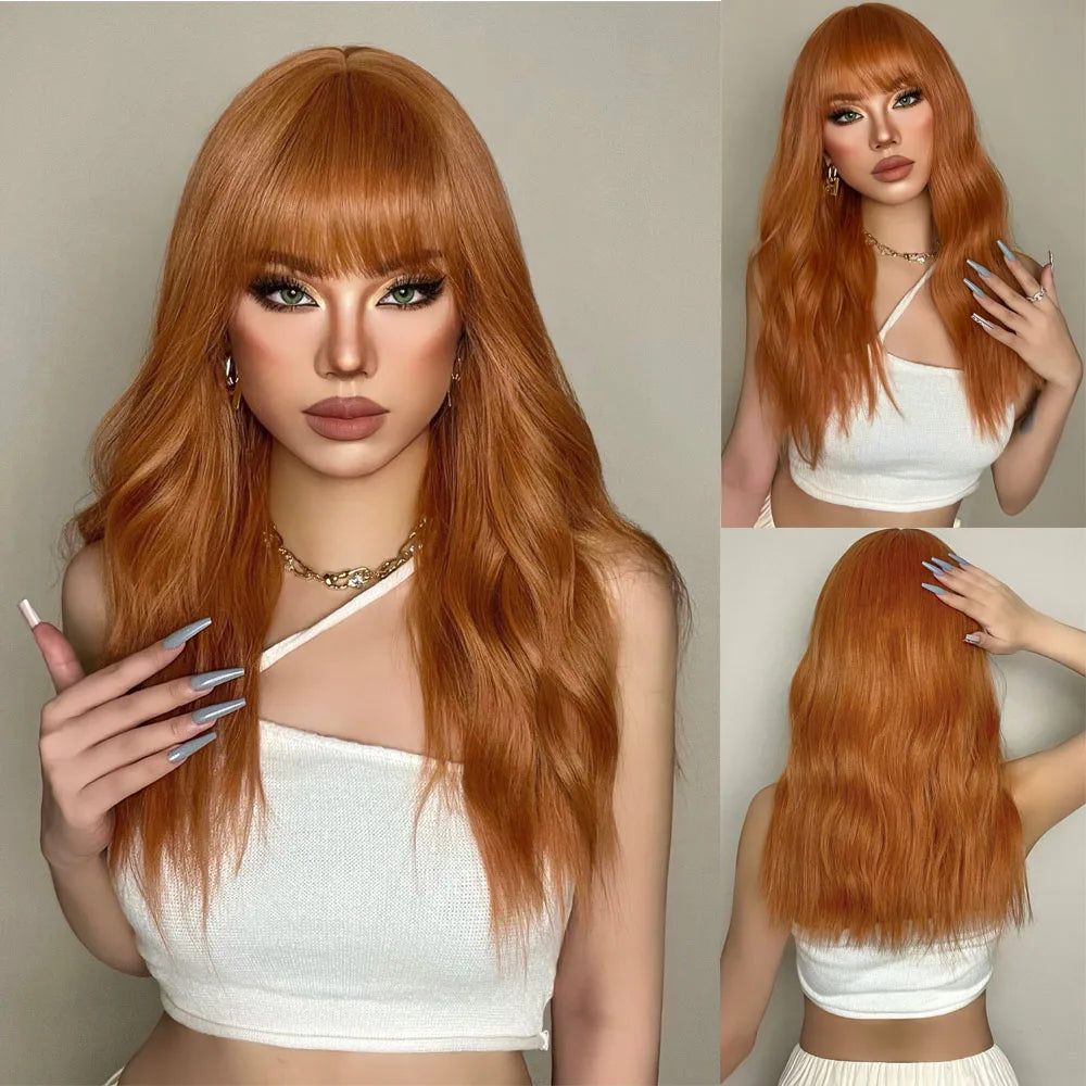 HENRY MARGU Long Straight Synthetic Wigs with Bangs Brown Red Copper Ginger Machine Made Wig for Women Cosplay Heat Resistant