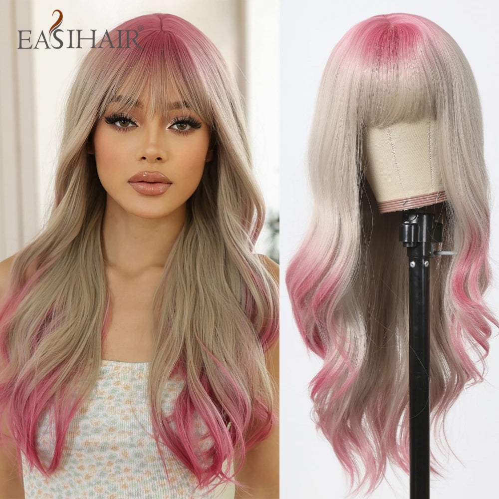 Dark Brown Synthetic Wigs with Bangs Long Curly Wavy Brown Wigs with Blonde Highlights for Afro Women Daily Party Heat Resistant