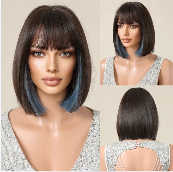 LOUIS FERRE Short Light Pink Bob Wigs With Bangs Natural Synthetic Wigs for Women Daily Cosplay Hair Heat Resistant Fibre Wig