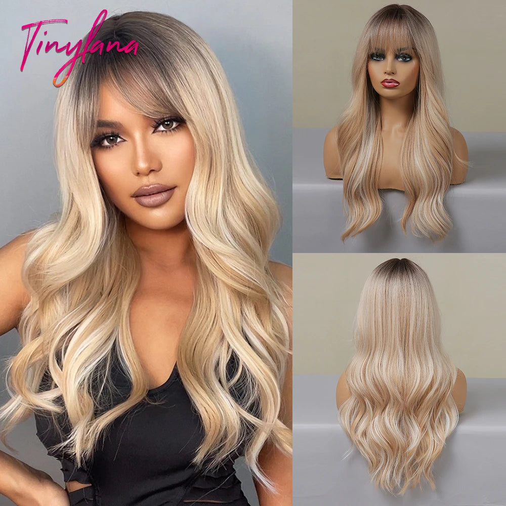Blonde Ginger Yellow Lolita Cosplay Synthetic Wigs Long Curly Wavy Natural Hair with Bangs for Women Party Heat Resistant Wig
