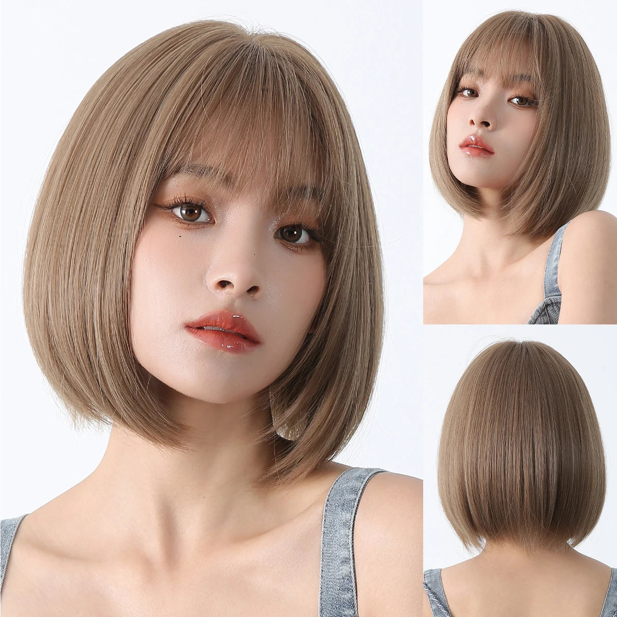LOUIS FERRE Short Light Pink Bob Wigs With Bangs Natural Synthetic Wigs for Women Daily Cosplay Hair Heat Resistant Fibre Wig