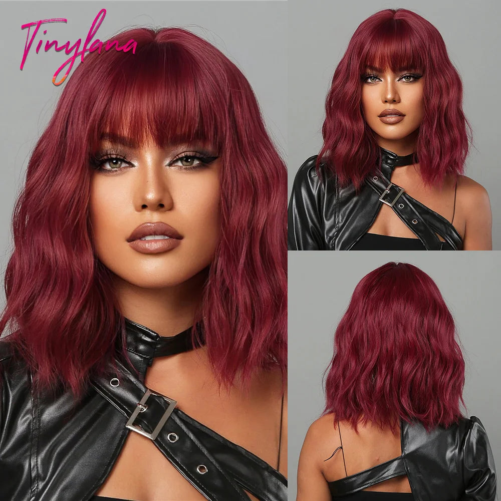 Bob Blue Curly Wavy Wigs with Bangs Short Colorful Cosplay Wigs for Women Afro Halloween DaiIy Natural Heat Resistant Fake Hair