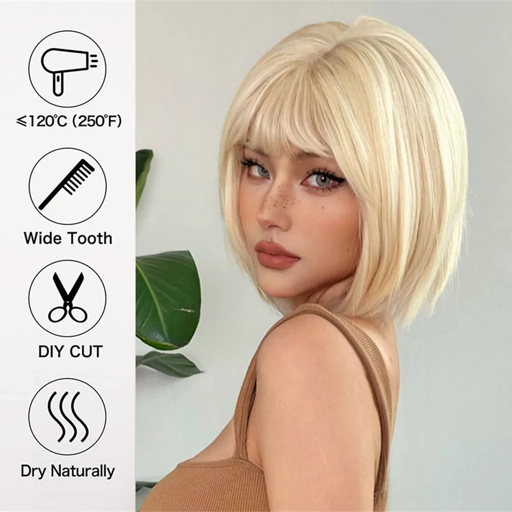 HENRY MARGU Ombre White Blonde Bob Synthetic Wig Short Straight with Bangs Natural Hair Wig for Women Cosplay Wig Heat Resistant