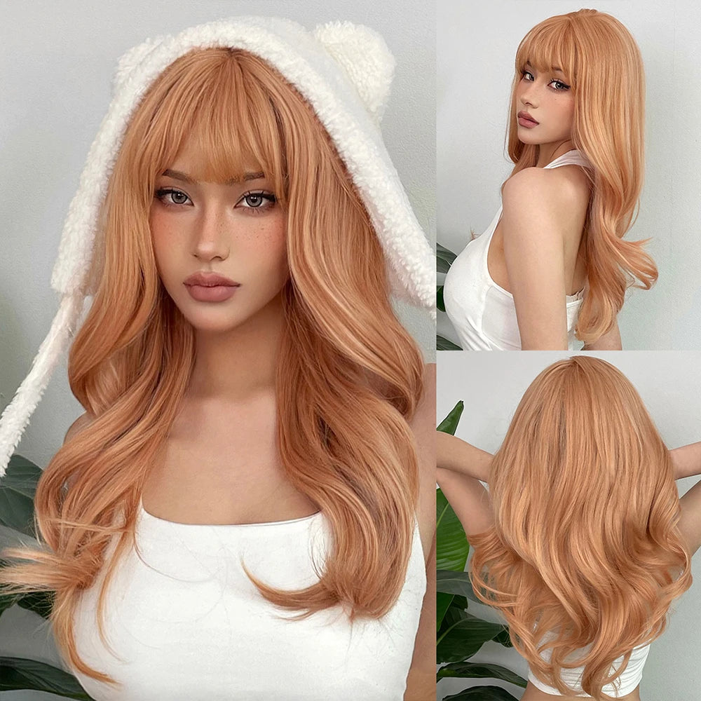 ALAN EATON Ombre Blonde Brown Wave Synthetic Wig Long Natural Looking Hair Wigs with Bangs for Women Daily Heat Resistant Fiber