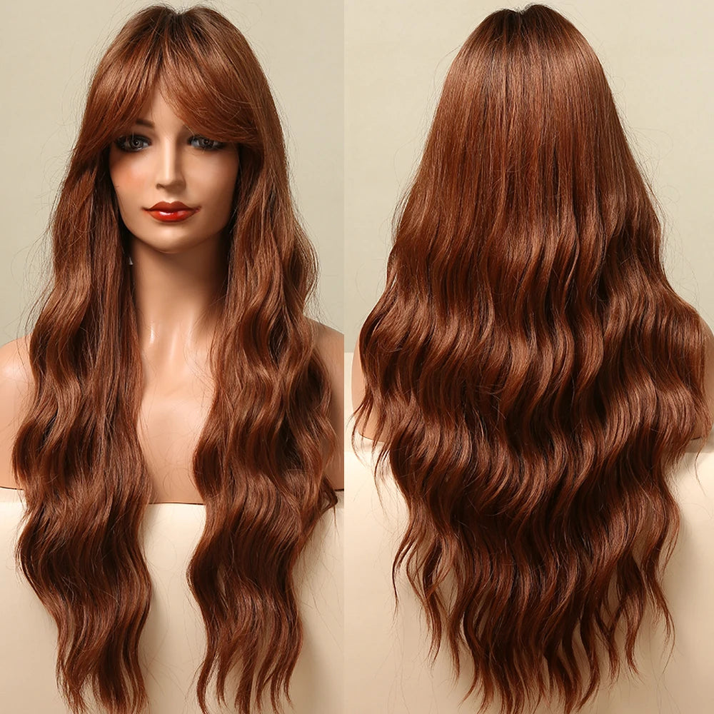 HENRY MARGU Long Wavy Brown Red Orange Wigs with Bangs Cosplay Party Heat Resistant Synthetic Hair Wigs for Black Women Afro