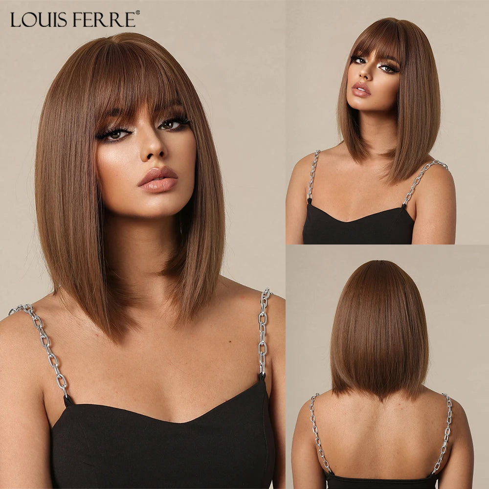 LOUIS FERRE Short Straight Synthetic Wigs for Women Brown Bob Wigs with Bangs Daily Cosplay Medium Length Heat Resistant Hair