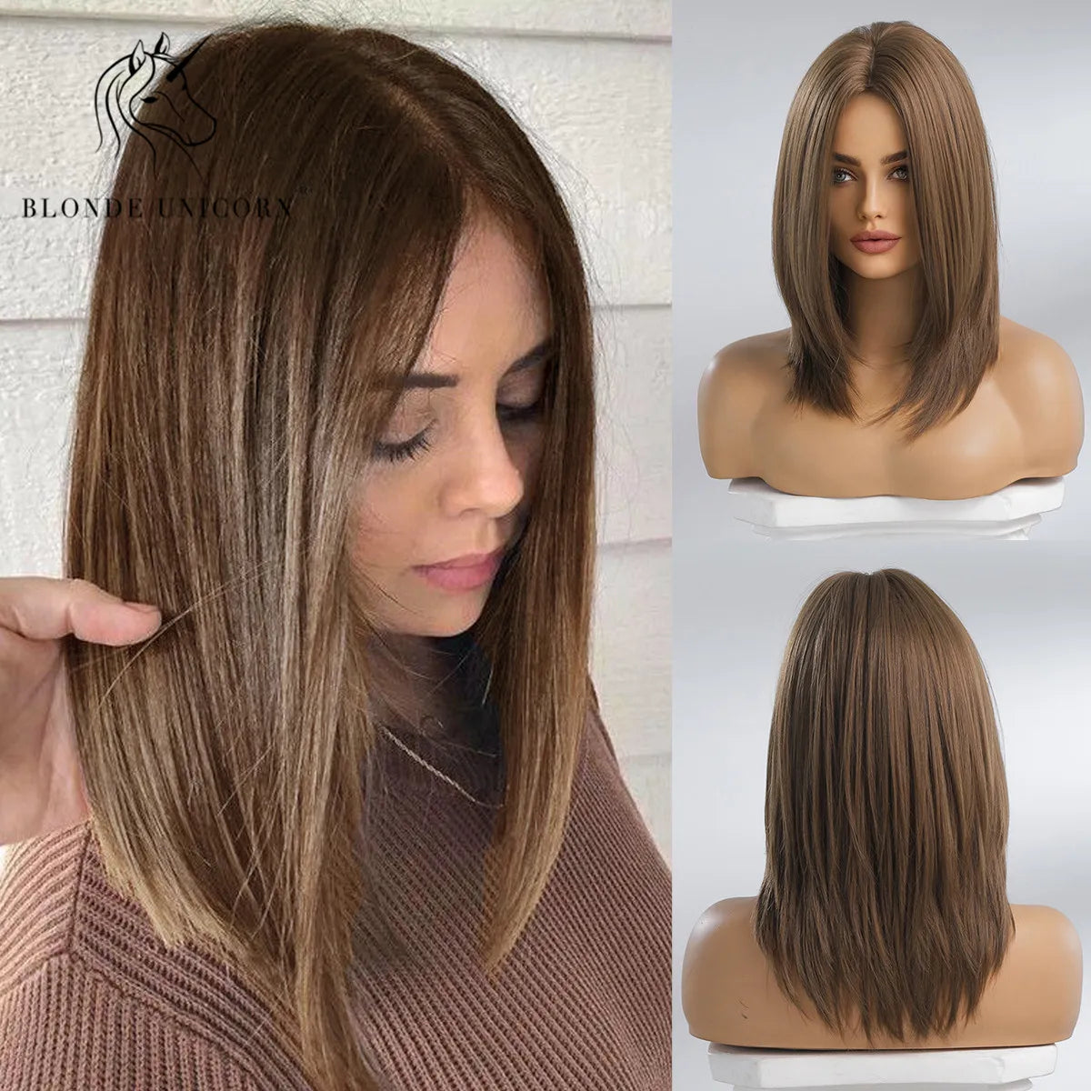 BLONDE UNICORN Synthetic Wig Natural Short Bob Wig Brown Blonde Straight Hair With Bangs Daily Use For Women Heat Resistant