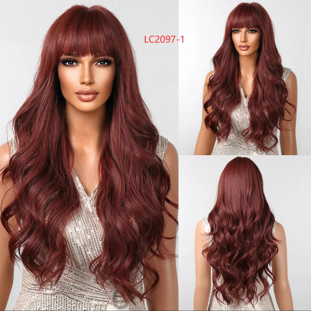 Pink Red Long Curly Wavy Synthetic Wigs Lolita Cosplay Hair With Bangs for Women Natural Water Wave Party Heat Resistant Wig