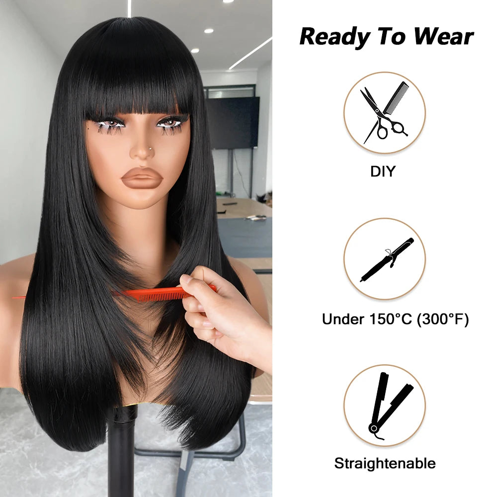 Reddish Brown Straight Layered Cut Lace Wigs with Bangs HD Lace Fake Scalp Synthetic Natural Layered Lace Front Wig Glueless Wig