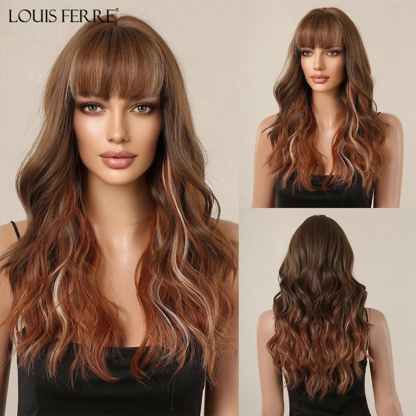 LOUIS FERRE Dark Brown Long Wavy Natural Hair Women's Synthetic Wig With Bangs Long Water Wave Daily Cosplay Hair Heat Resistant
