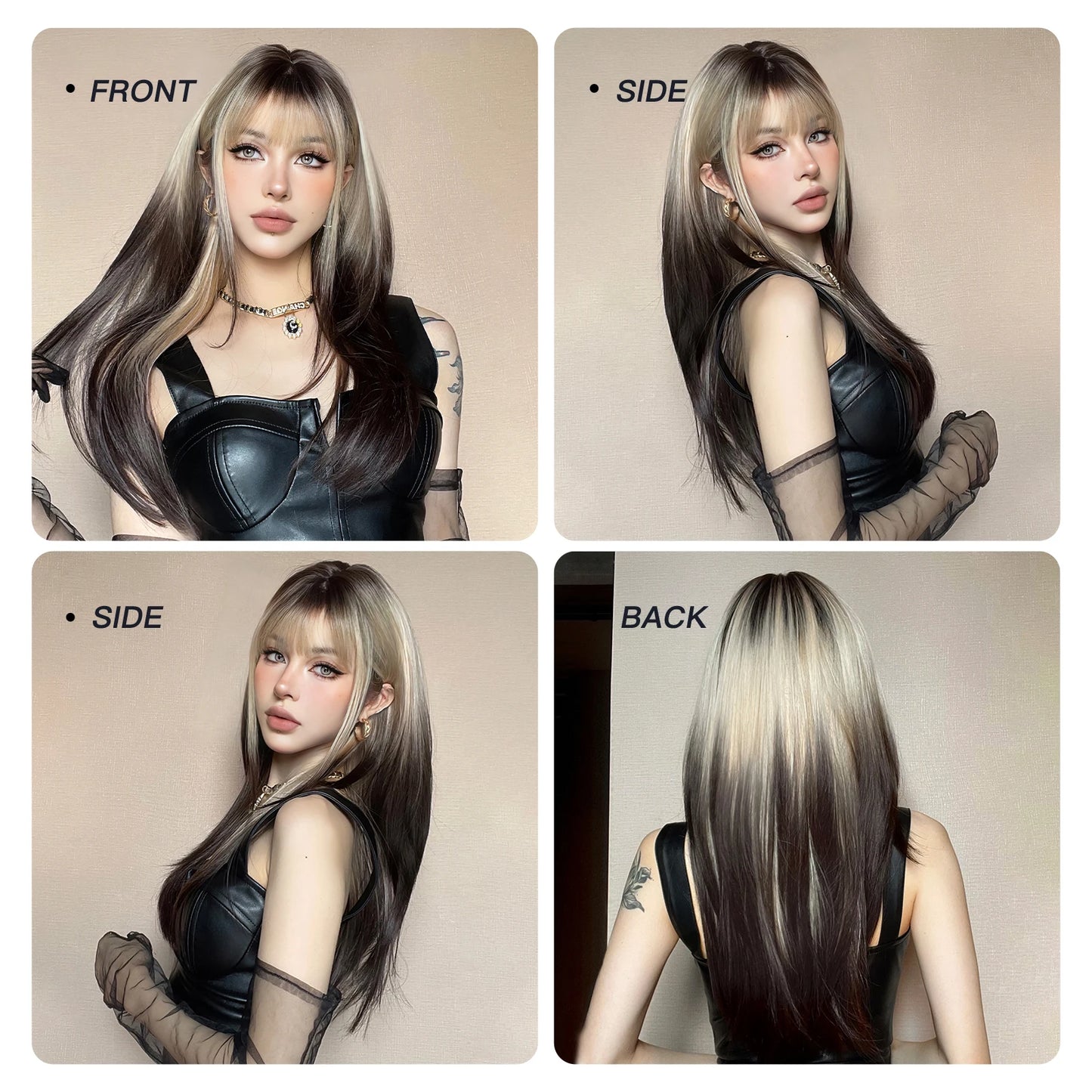 Long Brown Blonde Straight Synthetic Wig with Bangs Brown Ombre Cosplay Layered Wigs for Women Party Heat Resistant Natural Hair