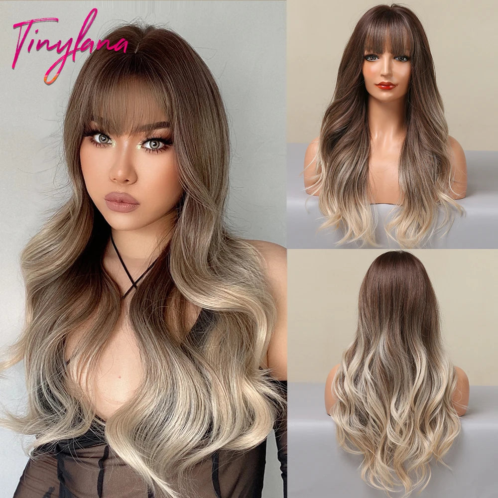 Long Wavy Gray Ash Brown Blonde Ombre Synthetic Wigs with Bangs Cosplay Natural Curly Hair Wig for Women Afro Heat Resistant