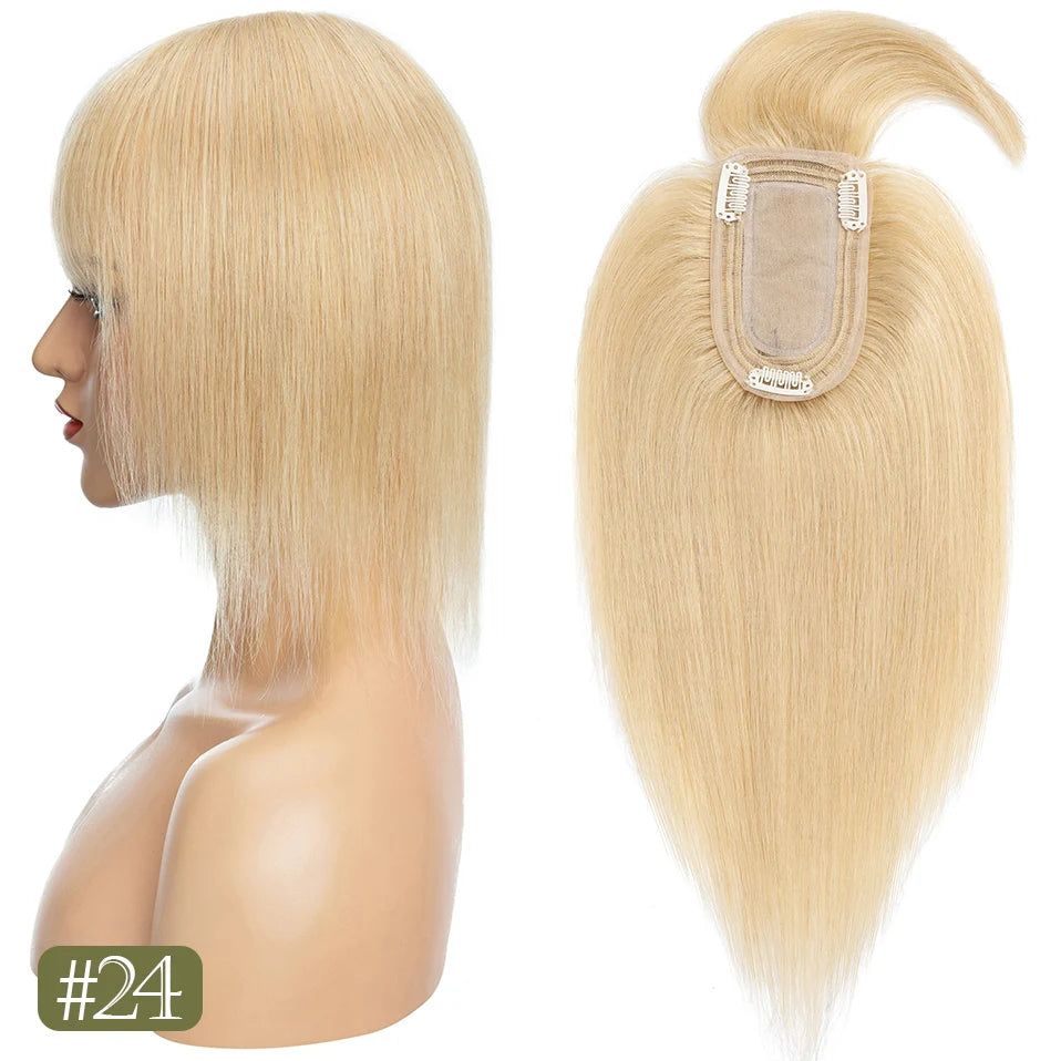 TESS Women Topper 7x12.5cm Hair Toppers With Bangs Natural Hair Wig Human Hair Silk Base Center Part Hair Clip In Hair Extension