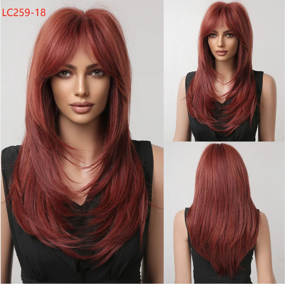 Blonde Unicorn Cherry Red Wig Synthetic Long Wavy Wig with Bangs Daily Party Cosplay Hair Wigs for Women Heat Resistant Fiber