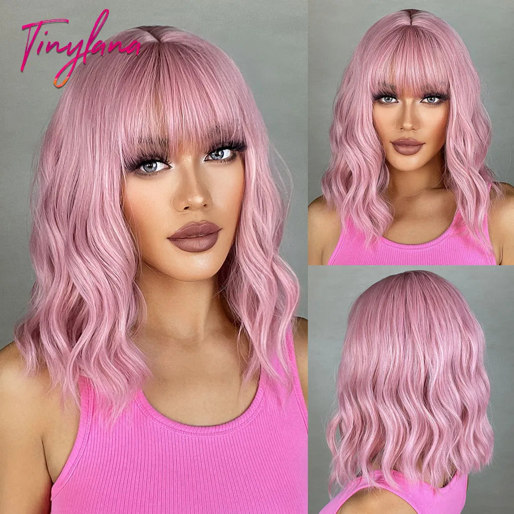 Gray Purple Pink Short Bob Synthetic Wigs with Bangs Curly Cosplay Ombre Wig for Women Afro Natural Wave Heat Resistant Hair