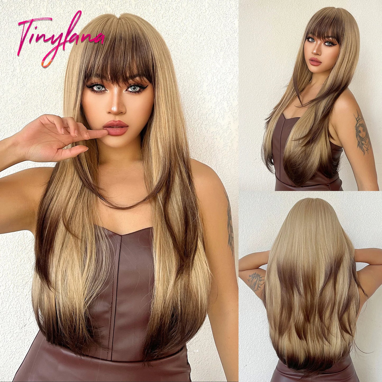 Long Brown Blonde Straight Synthetic Wig with Bangs Brown Ombre Cosplay Layered Wigs for Women Party Heat Resistant Natural Hair