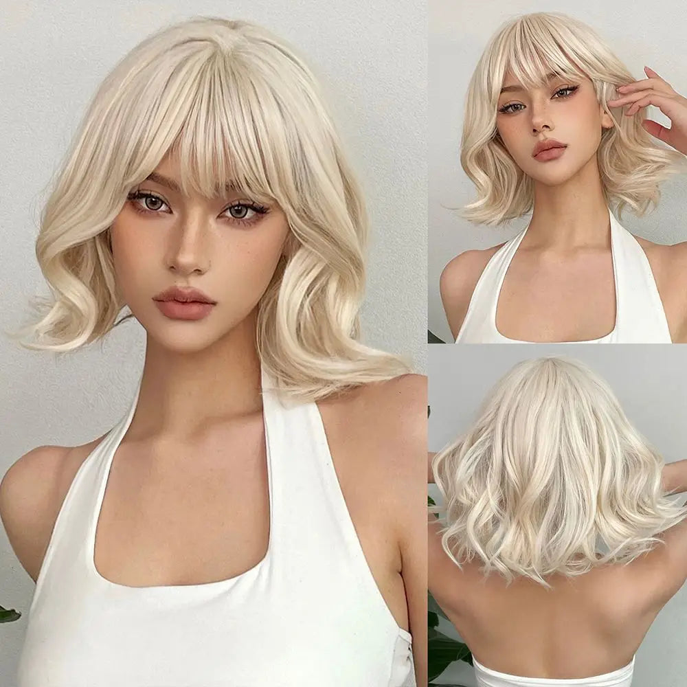 HENRY MARGU Short Half Black And Half White Wig Curly Wavy Shoulder Length Synthetic Hair Cosplay Wig with Bangs for Halloween